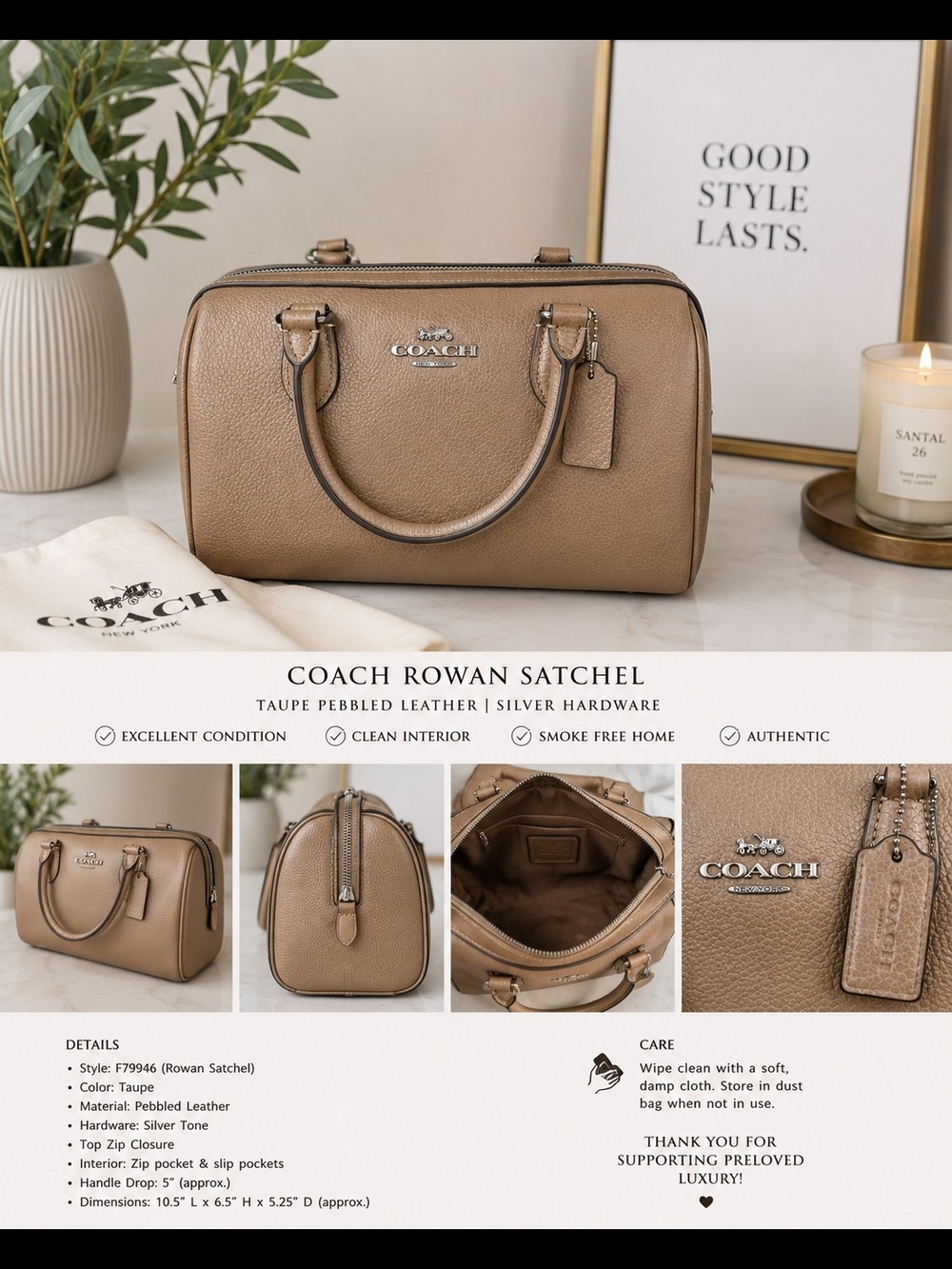 Coach Taupe Pebbled Leather Rowan Satchel with Silver Hardware